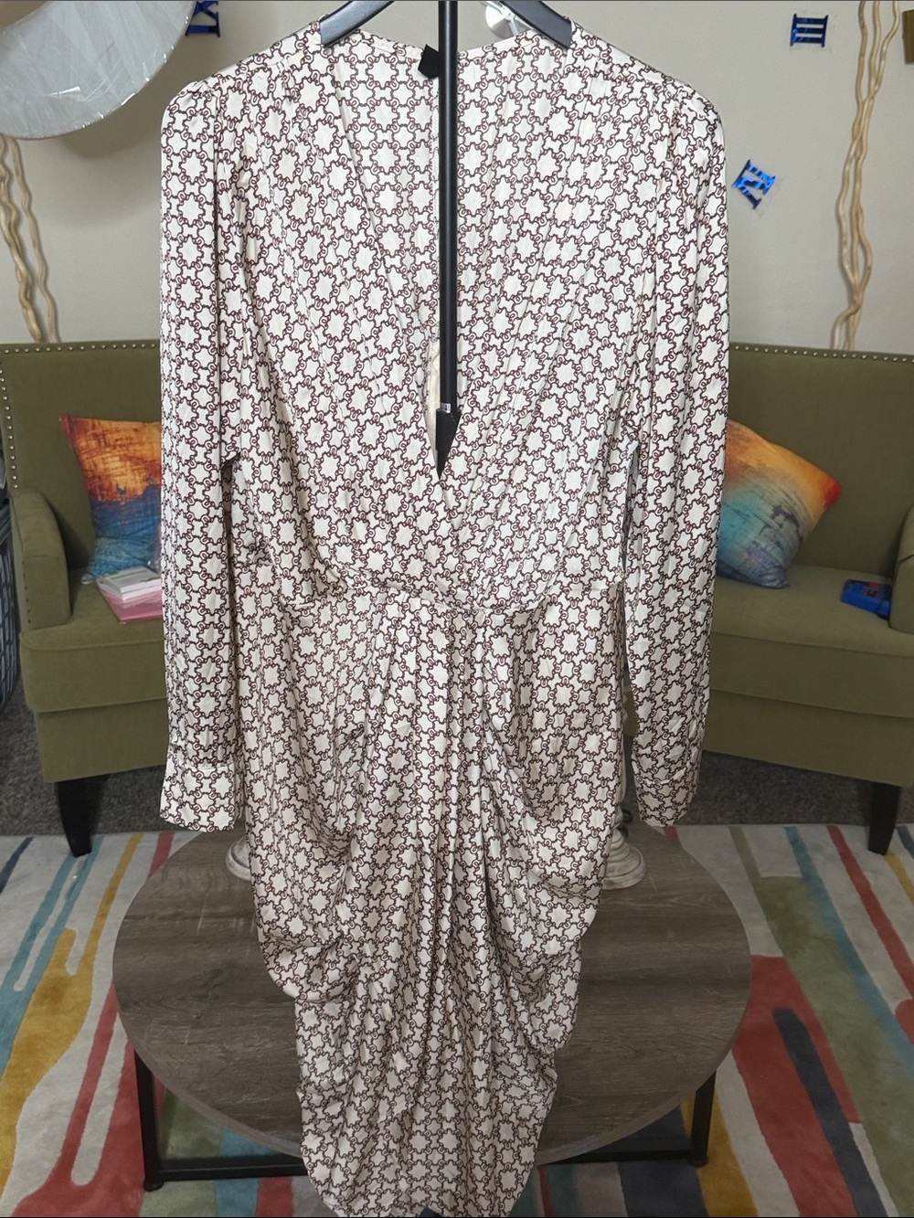 Women’s Cream and Brown Printed Long Sleeve Draped Dress